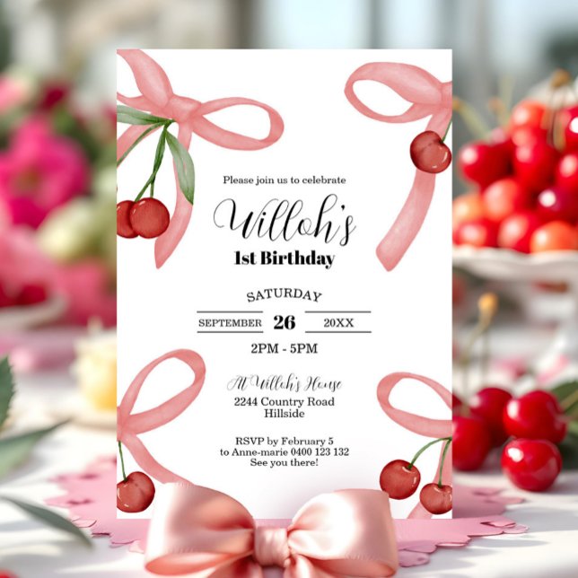 Convite Concurso de aniversário para Arcos Cherry Coquette (Coquette Cherry 1st Birthday Invitation Cherry Birthday Invitation Bows and Cherries)