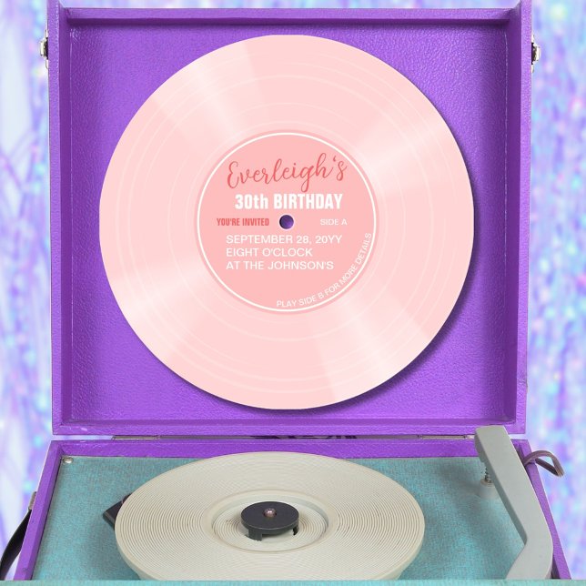 Convite Concurso de Aniversário para Música com Gravação d (Pink color vinyl record pop birthday invitation with pink label)