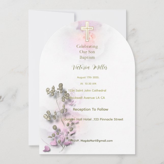 Convite Concurso de aquarela suave e ouro Cross Baptism (Frente)