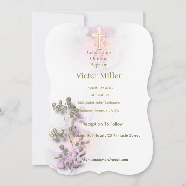 Convite Concurso de aquarela suave e ouro Cross Baptism (Frente)