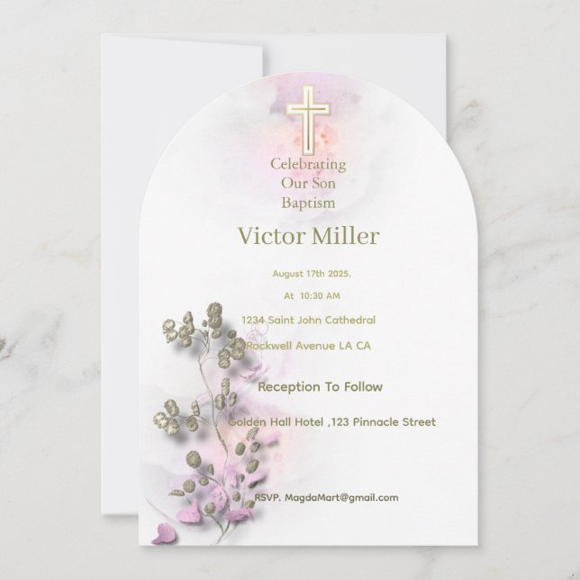 Convite Concurso de aquarela suave e ouro Cross Baptism (Frente)