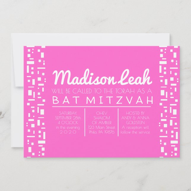 Convite Concurso de Bat Mitzvah PINK Stars & Squares (Frente)