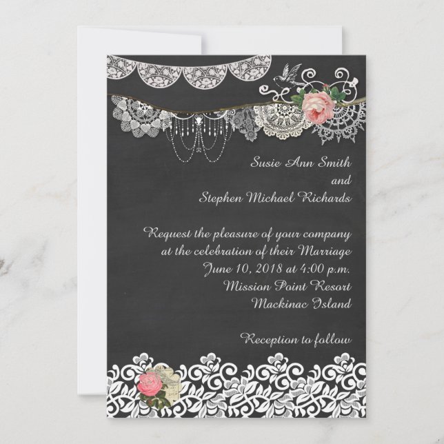Convite Concurso de Casamento Chalkboard e Lace ShabbyChic (Frente)