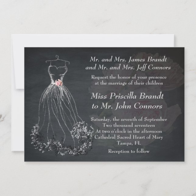 Convite Concurso de casamento Chalkboard,vestido estilizad (Frente)