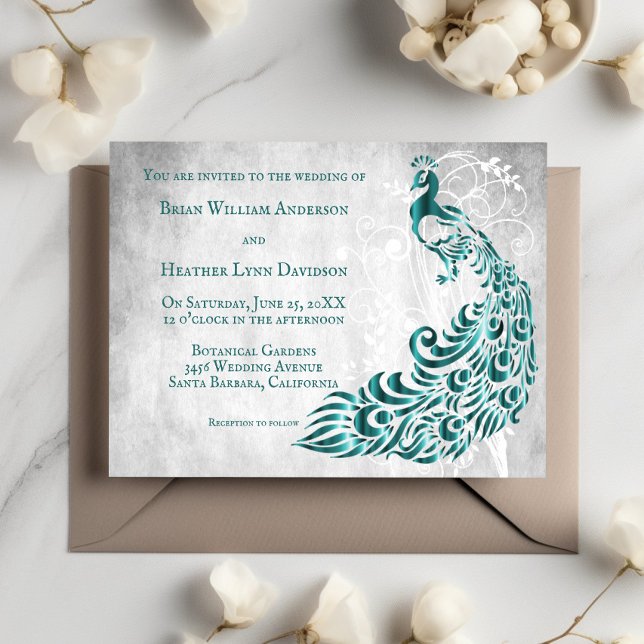 Convite Concurso de Casamento com Vinha de Palha Peacock (Teal Peacock Leaf Vine Wedding Invitation)