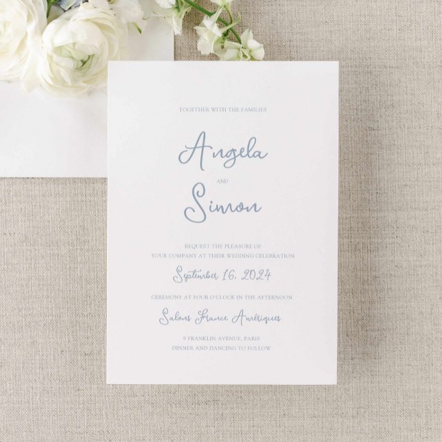 Convite Concurso de Casamento de Cherub, Arco Quimérico Du (dusty blue wedding invitation, vintage french inspired hand written cherub bow illustrated)