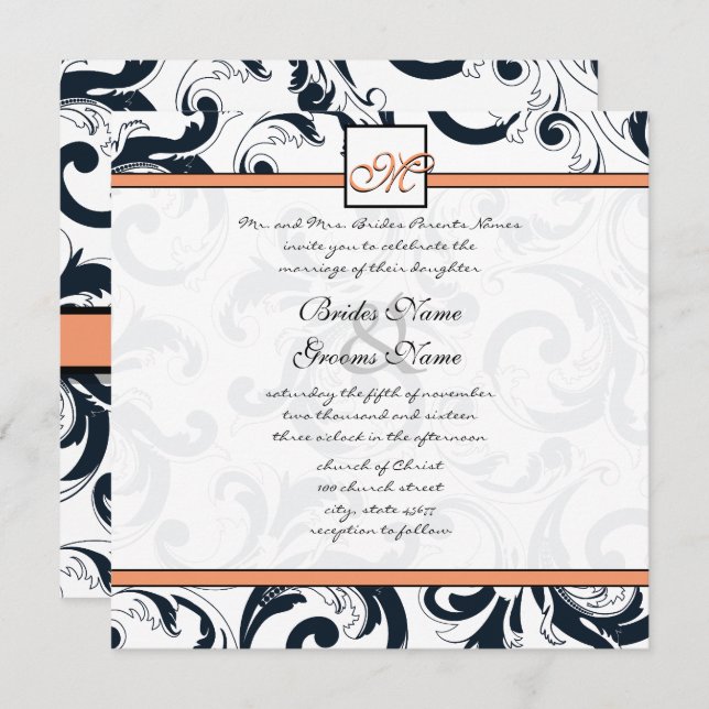 Convite Concurso de Casamento de Coral & Black Damask (Frente/Verso)