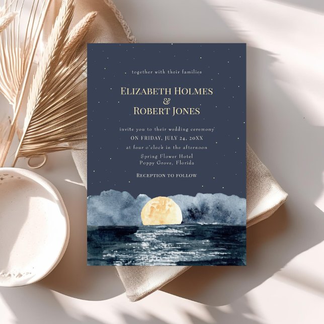 Convite Concurso de Casamento de Lua Completa no Lago (Full Moon on Lake Wedding Invitation on a boho table.)