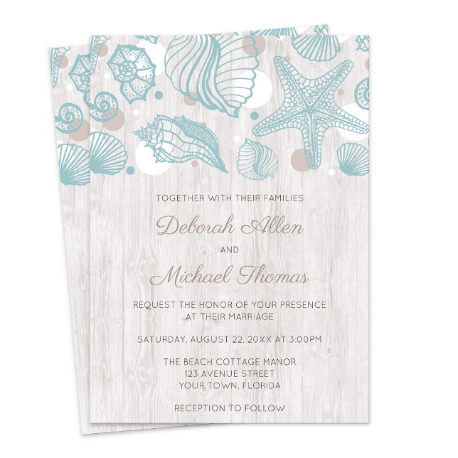 Convite Concurso de Casamento de Seashell Whitewash Wood B (Seashell Whitewashed Wood Beach Wedding Invitations from Artistically Invited on Zazzle.)