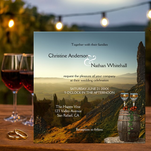 Convite Concurso de Casamento de Vinhas Vinhas de Paisagem (Wedding invitation featuring a painting of a wine barrel with glasses and grapes and landscape view)