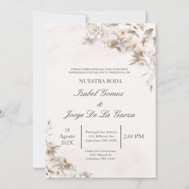 Convite Concurso de Casamento Floral Beige em Espanhol (Frente)