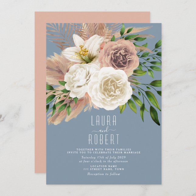 Convite Concurso de Casamento Floral Dusty Blue Boho (Frente/Verso)