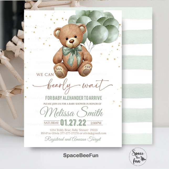 Convite Concurso De Chá de fraldas Do Urso De Teddy Que Po (Teddy Bear,Baby Shower,Invitation,We Can Bearly Wait,gender natural,,invitesbear,hot air balloon,Bea)