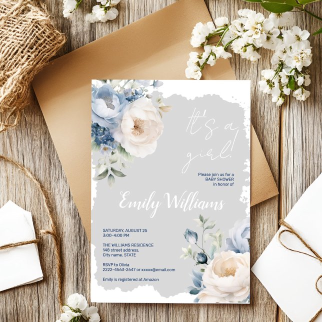 Convite Concurso de chá de fraldas para peonias azuis e br (Blue and white roses and peonies floral watercolor baby shower invitation )