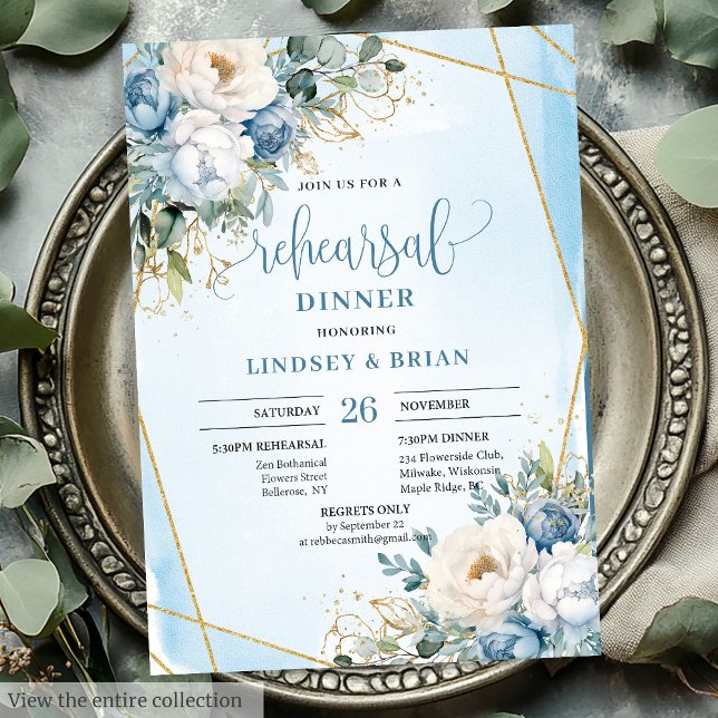 Convite Concurso Dourado Floral Azul de Luxo Dusty (Luxury Dusty Blue Floral Gold Rehearsal Invitation)