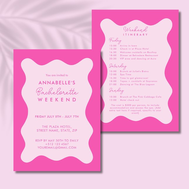 Convite Concurso Itinerário Wavy para Bachelorette Rosa Mo (Modern pink wavy Bachelorette Weekend Invitation with itinerary)