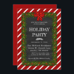 Convite Concurso para festas de chalkboard e garland<br><div class="desc">Este convite para o quadro de férias é batido com a Holly e a pine garland,  uma fita xadrez sobre um fundo listrado vermelho e branco. Alterar evento,  título,  data,  local do host,  endereço,  RSVP,  número de telefone e nome do host.</div>