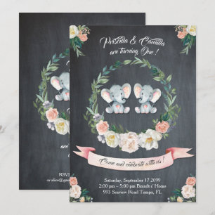 Convite Concurso para menina gêmea elefante, Floral, rua b