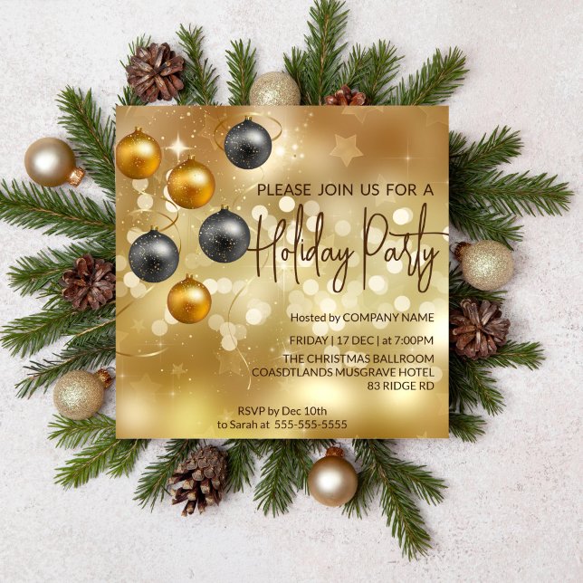 Convite Condecorações Douradas de bolos, preto e dourado (Christmas holiday party editable template invitation gold theme non religious)