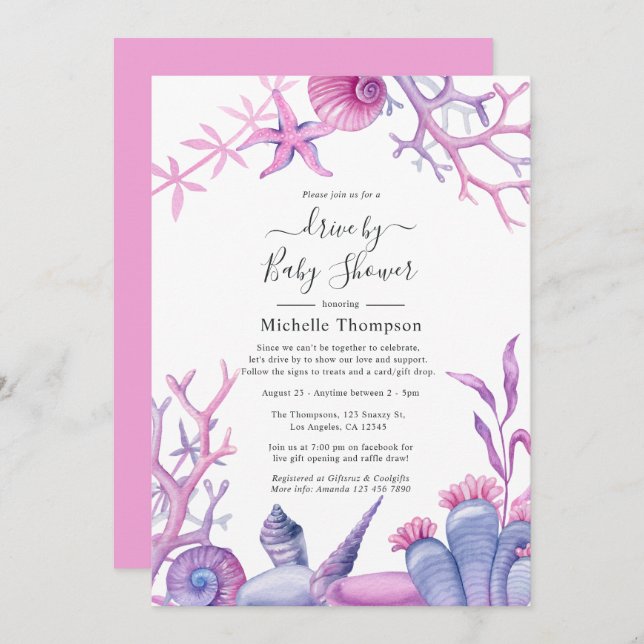 Convite Condução Por Chá de fraldas Do Oceano De Aquarelas (Frente/Verso)