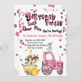 Convite Condução Rosa Por Animais De Criação De Aniversári