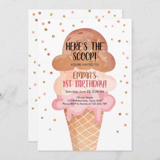 Convite Cone Confetti Birthday - Sorvete Rosa Boho Cone Co (Frente/Verso)