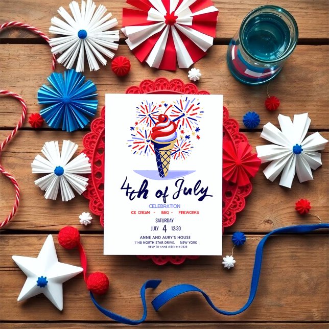 Convite Cone de Sorvete com Fogos de Artifício Festa de Ch (Happy invitation for you 4th July BBQ Party!)