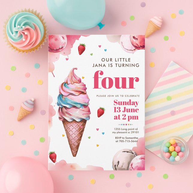 Convite Cone de Sorvete Rosa de Aniversário | Doce da Meni (Criador carregado)