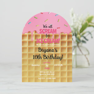Convite Cone de Waffle de Sorvete de Morango Aniversário