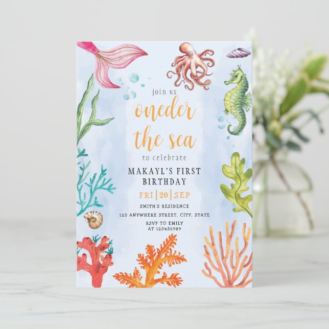 Convite Coneder o tema da sereia do mar primeiro aniversár (Em pé/Frente)