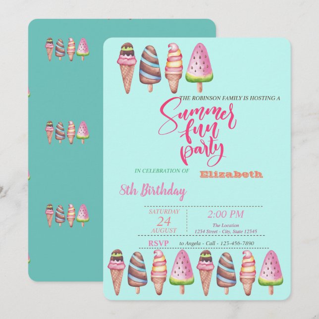 Convite Cones de Sorvete Festa de Aniversário de Verão  (Frente/Verso)