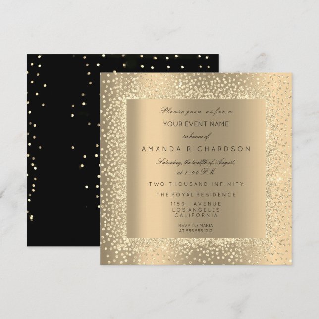 Convite Confeite Preto VIP Glitter Dourado Sépia de Champa (Frente/Verso)