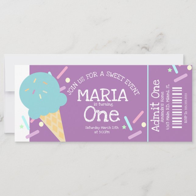 Convite Confeitos de Sorvete Doce Bilhete de Aniversário F (Frente)