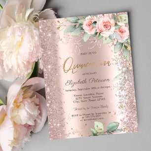 Convite Confete Brilhante Rosas Dourado Rosa Quinceanera