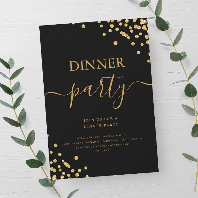 Convite Confete Brilho Dourado Festa de Jantar Preta Rascu (Gold Glitter Confetti Script Dinner Party Black Invitation)