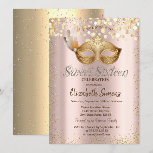 Convite Confete Chic Máscara Dourado Rosa Sweet 16
