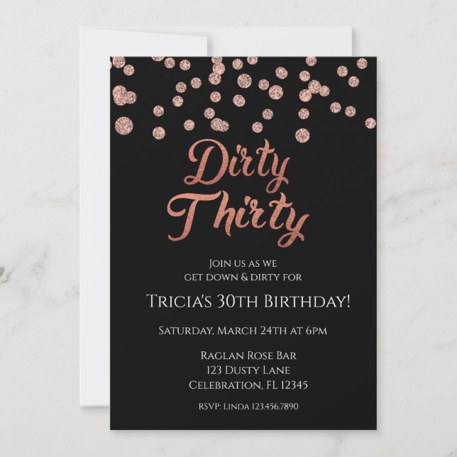 Convite Confete de Brilho em Rose Gold Dirty 30 (Frente)