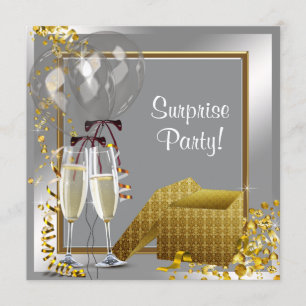 Convite Confete de Champanhe Prata e Dourado Festa Surpres