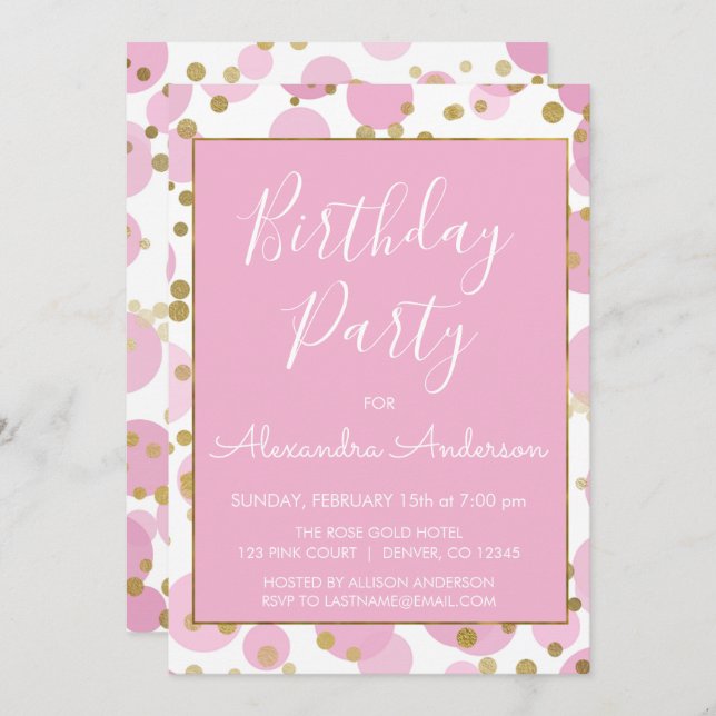 Convite Confete de Folha Dourada e Rosa Aniversário de Qua (Frente/Verso)
