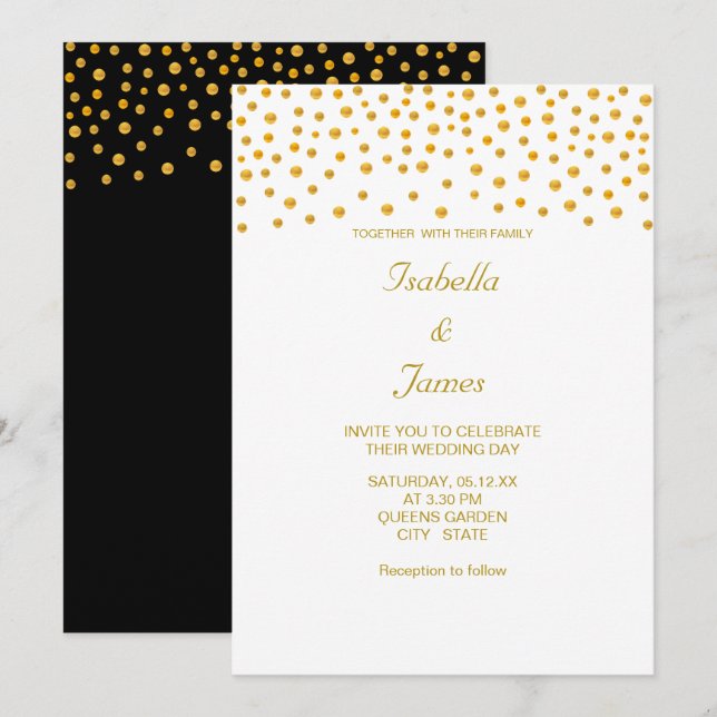 Convite Confete de Ouro Elegante em Preto e Branco (Frente/Verso)