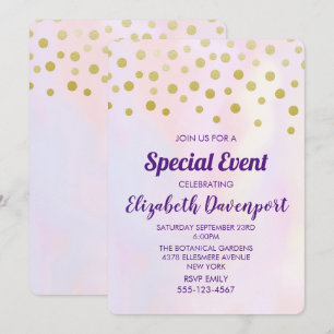 Convite Confete de Ouro Falso em Festa de Aquarela Roxa