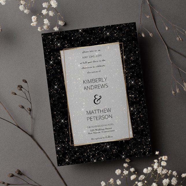 Convite Confete de ouro negro de luxo (Luxury black glam gold glitter confetti Wedding )