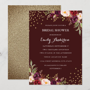 Convite Confete Dourado Borgonha Floral Outono Chá de Noiv