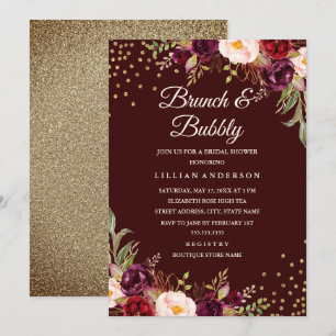 Convite Confete Dourado Burgundy Floral Brunch e Espumante