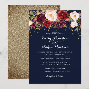 Convite Confete Dourado Casamento Floral Azul Burgundy
