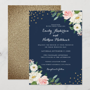 Convite Confete Dourado Casamento Floral Rosa Azul-Marinho