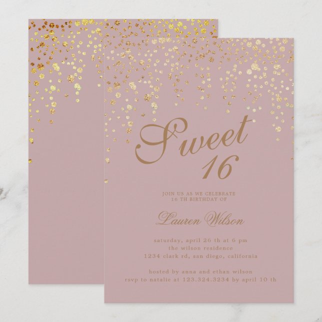 Convite confete dourado com doce 16 (Frente/Verso)