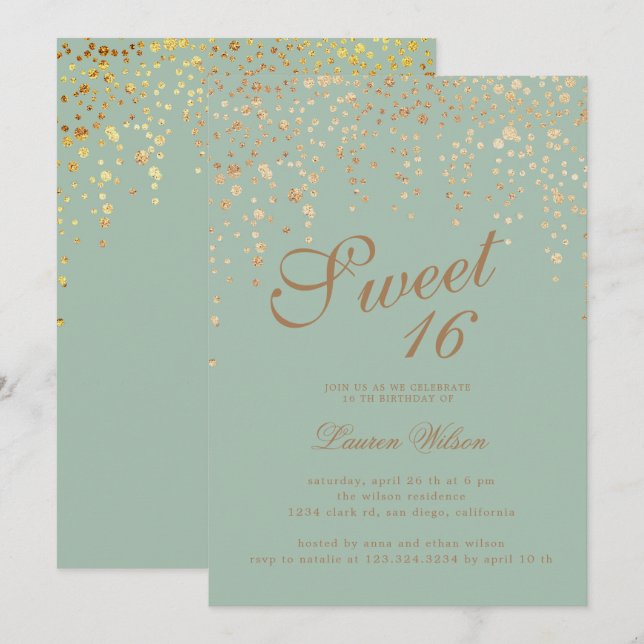 Convite confete dourado com doce verde dezesseis (Frente/Verso)