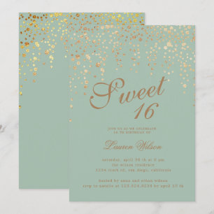 Convite confete dourado com doce verde dezesseis