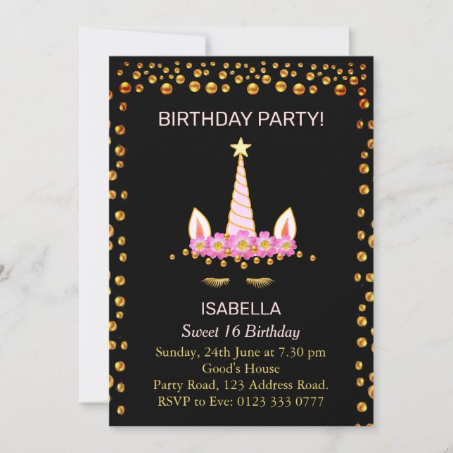 Convite Confete Dourado e Unicórnio no Aniversário de Swee (Frente)